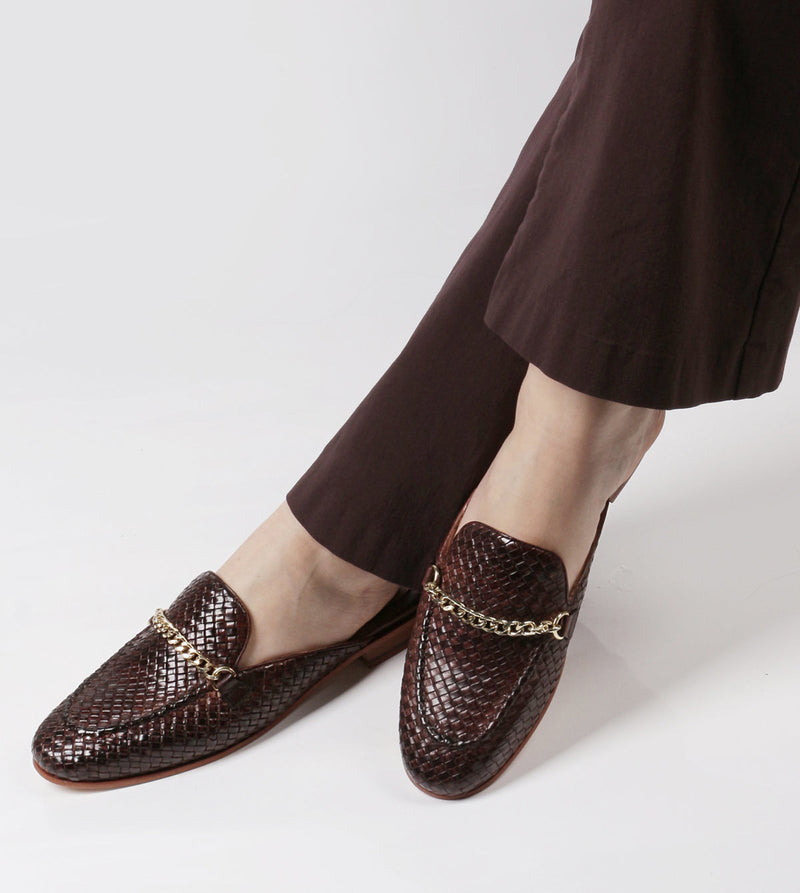 Brown Woven Leather Mules